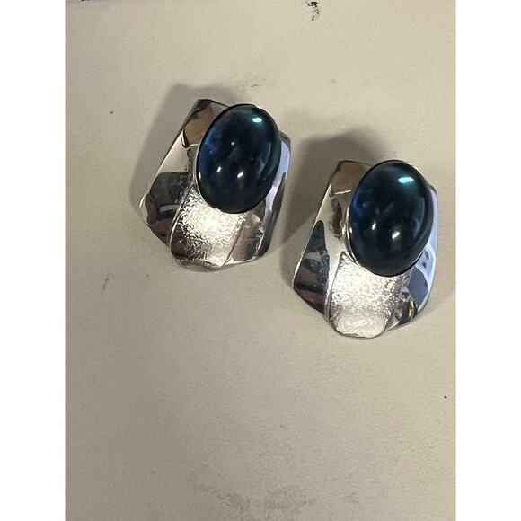 pair of sterling silver earrings oval blue cabochon gemstones Stud Post Pierced - Picture 7 of 7